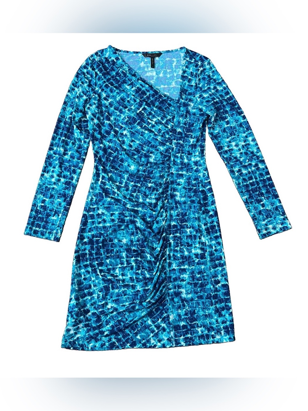 BCBGMaxAzria Blue & Teal Asymmetrical Neckline Long Sleeve Ruched Dress Size M